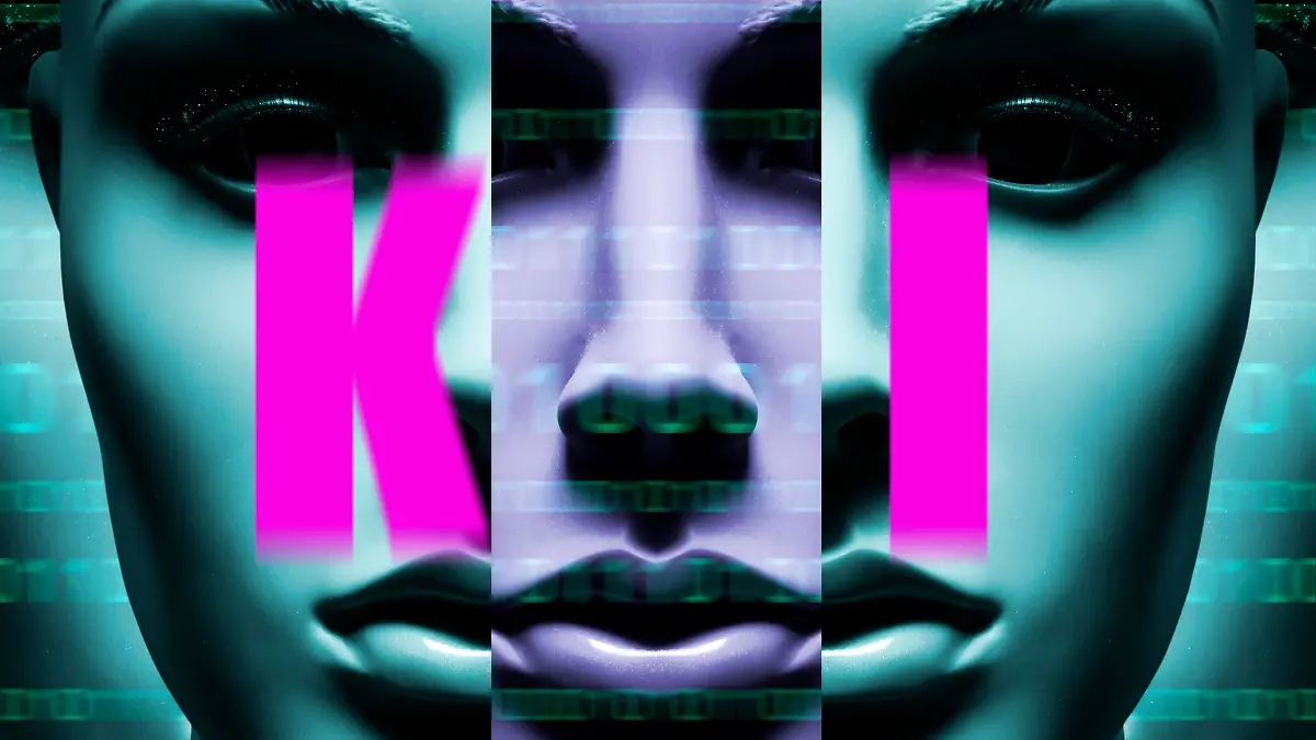 Frauenfigur mit Binärcode und Schriftzug KI, Symbolfoto künstliche Intelligenz, Fotomontage