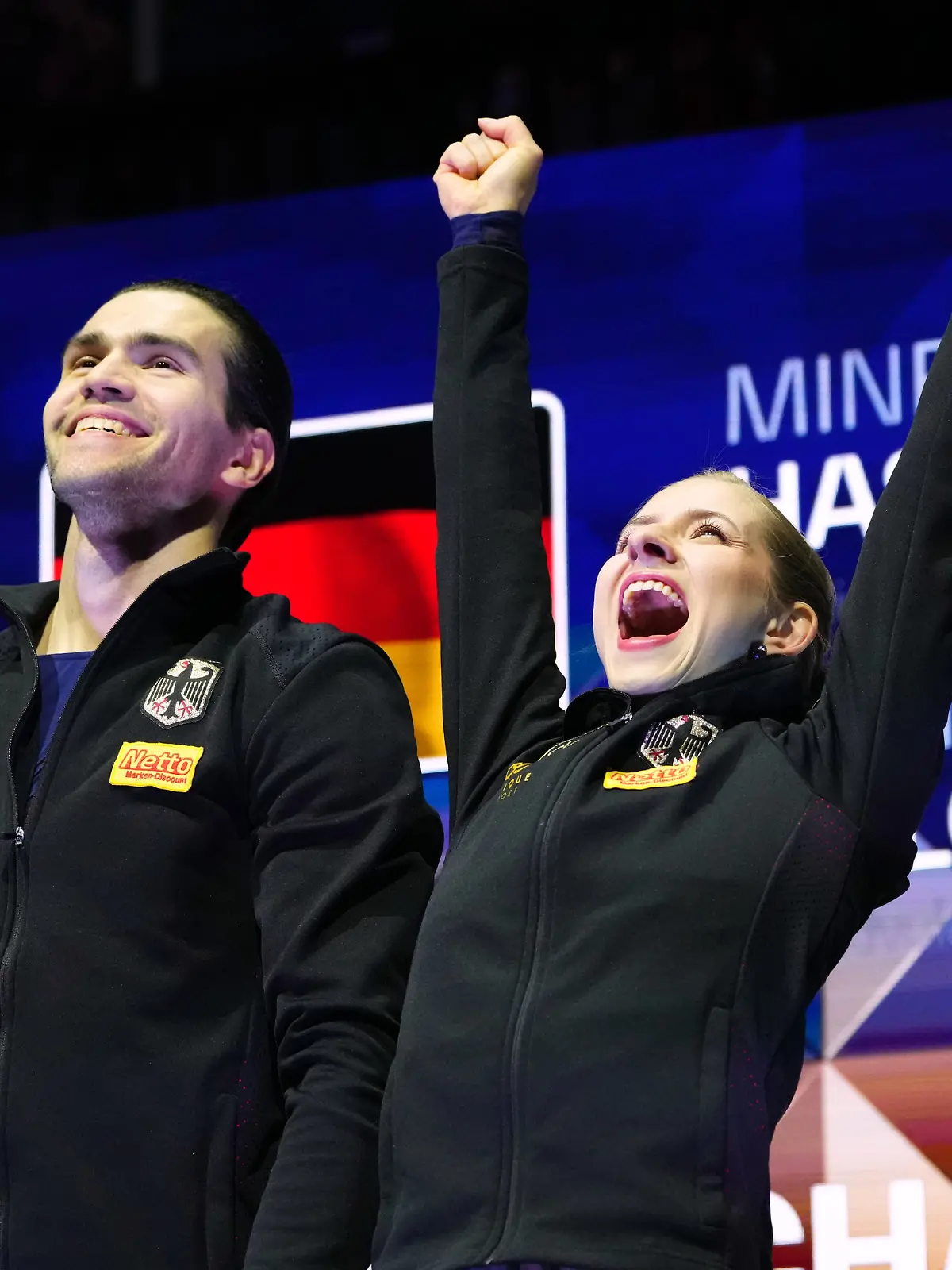 Minerva Fabienne Hase and Nikita Volodin of Germany celebrate after performing during the pairs free skating at the Figure Skating World Championships in Prague, Czech Republic, Thursday, March 26, 2026. (AP Photo/Petr David Josek)