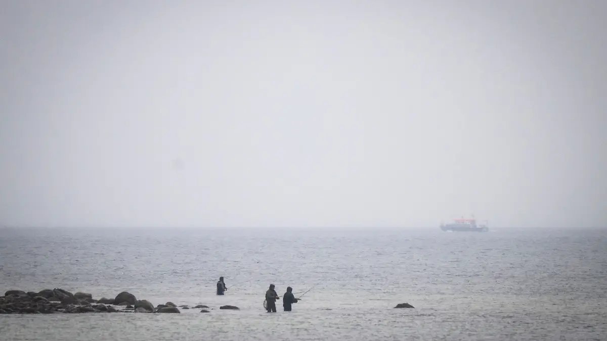 28.03.2026, Mecklenburg-Vorpommern, Boltenhagen: Das Boot «Uecker» (hinten,r) von der Wasserschutzpolizei fährt an der Ostseeküste vor Boltenhagen entlang. Bei der Suche nach dem vor Timmendorfer Strand befreiten Buckelwal fährt das Boot seit dem frühen Morgen die Küste ab. Foto: Philip Dulian/dpa +++ dpa-Bildfunk +++