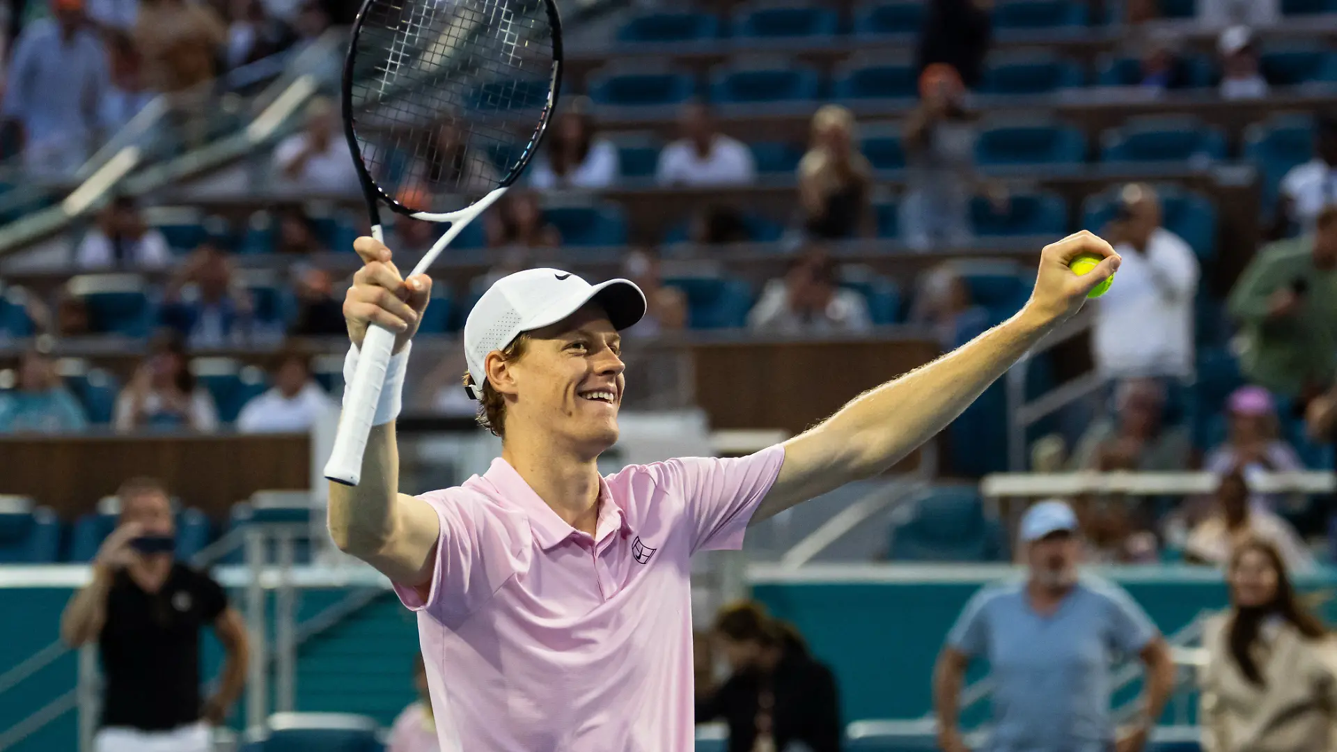 Mar 29, 2026; Miami Gardens, FL, USA; Jannik Sinner of Italy celebrates his victory over Jiri Lehecka of the Czech Republic in the final of the men’s singles at the Miami Open at the Hard Rock Stadium. Mandatory Credit: Mike Frey-Imagn Images