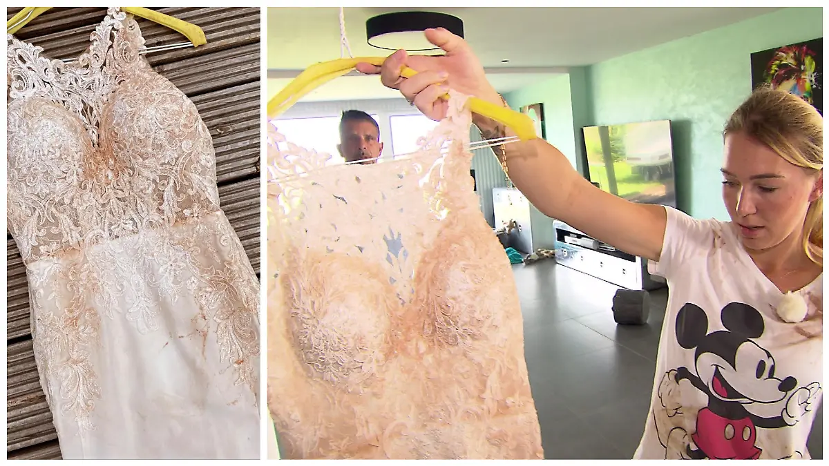 Tamaras Hochzeitskleid war in zwei Säcken eingepackt, doch trotzdem wurde es vom Wasser und Schlamm erreicht.