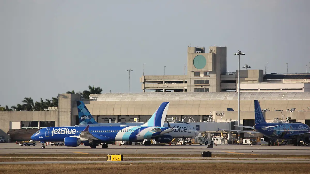 Palm Beach International Airport in West Palm Beach, FL on February 17, 2026, is seen as Florida legislators consider a bill to rename the facility after President Trump. JetBlue aircraft are seen at the terminal. (Photo by Christopher G. Beckett/Sipa USA)