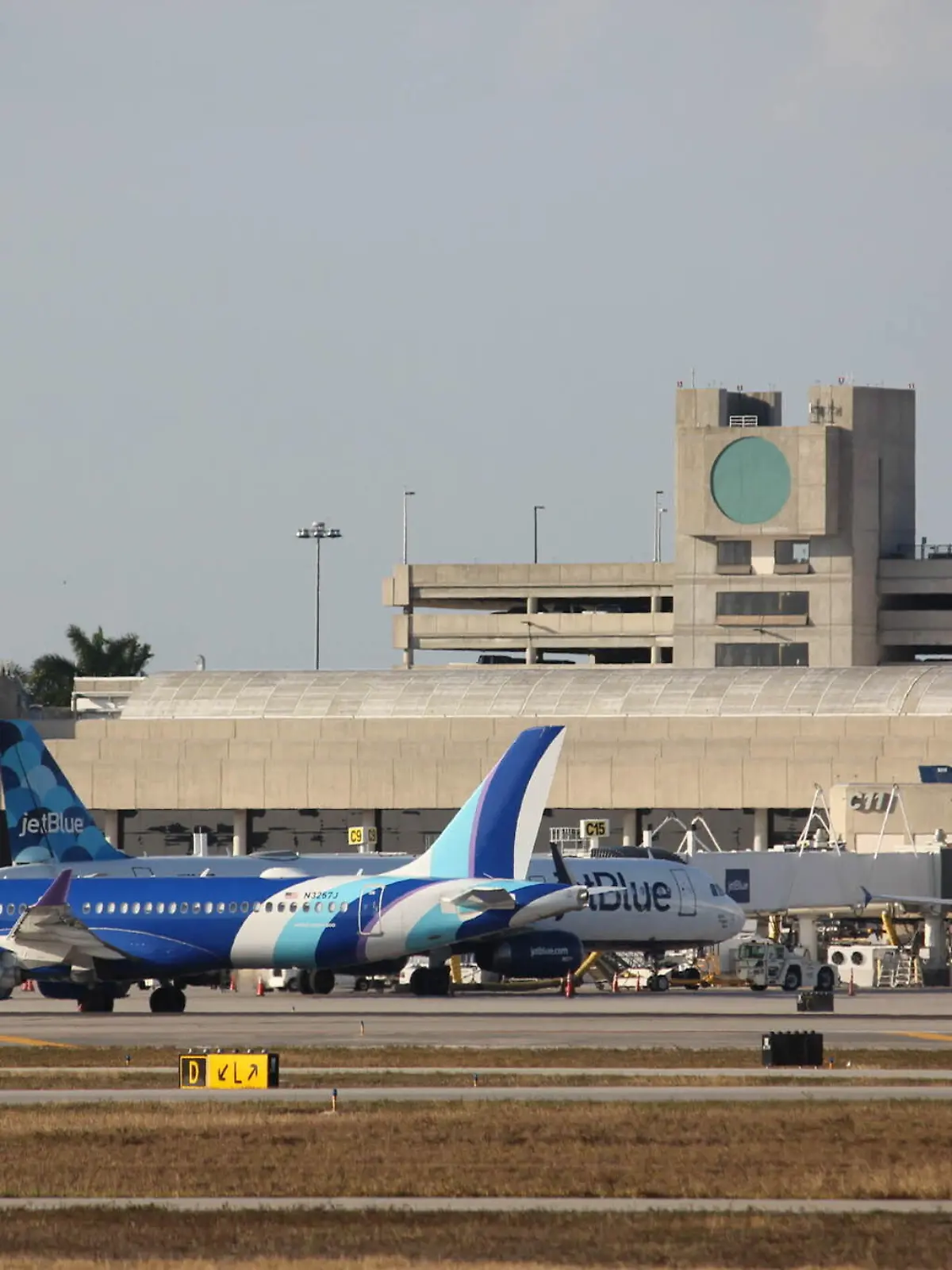 Palm Beach International Airport in West Palm Beach, FL on February 17, 2026, is seen as Florida legislators consider a bill to rename the facility after President Trump. JetBlue aircraft are seen at the terminal. (Photo by Christopher G. Beckett/Sipa USA)