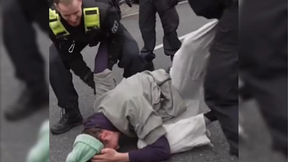 Der Polizist hob den Aktivisten gemeinsam mit einem Kollegen von der Straße.