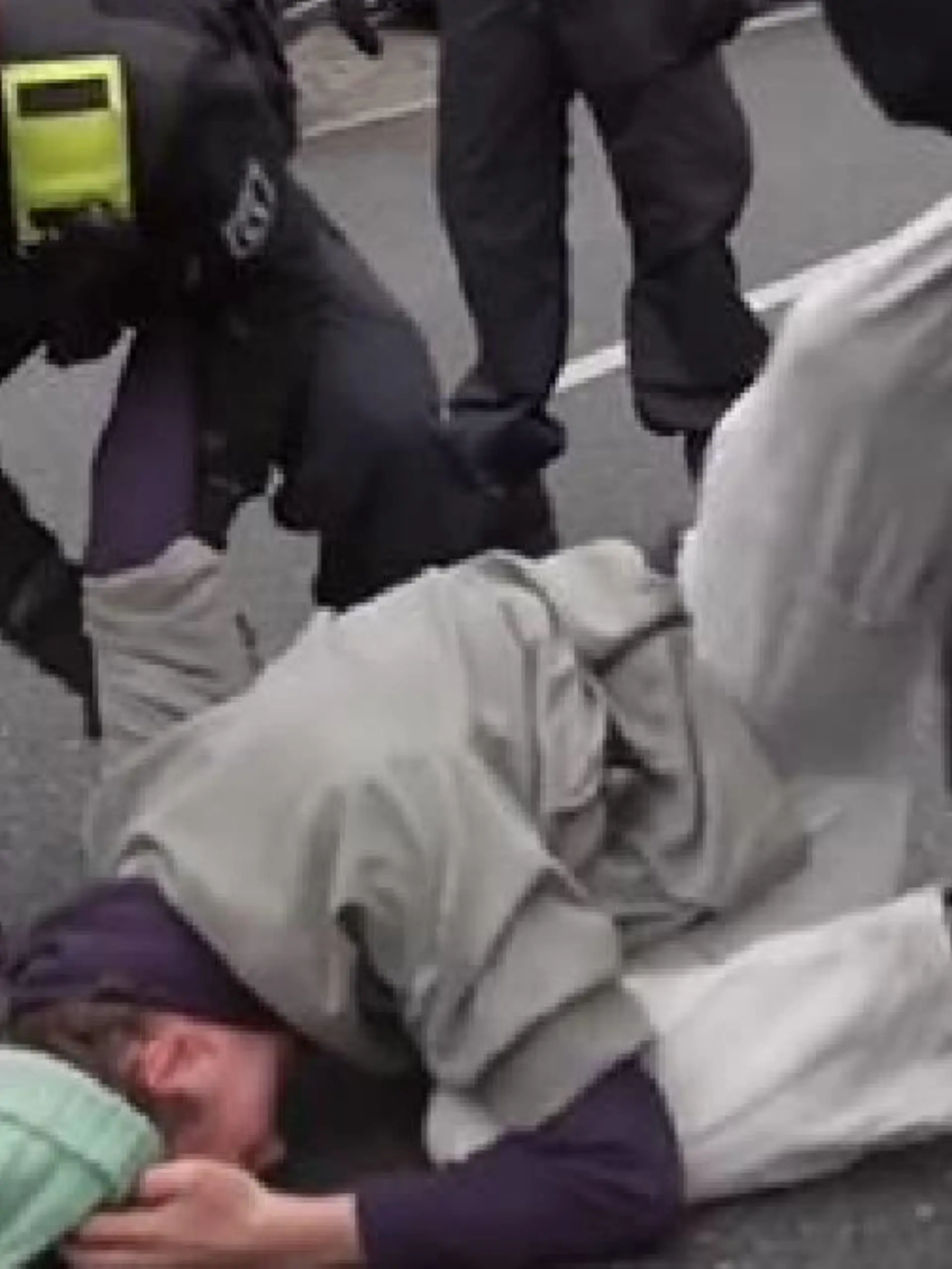 Der Polizist hob den Aktivisten gemeinsam mit einem Kollegen von der Straße.