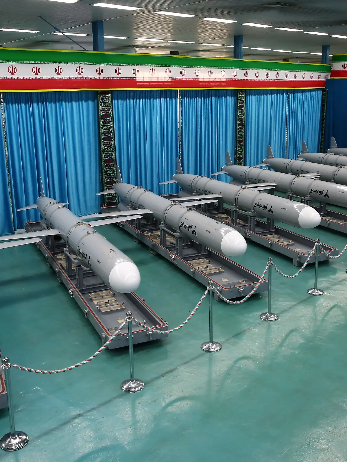 Iranian missiles called Abu Mahdi are displayed during the ceremony of joining the IRGC Navy and the Army, in Tehran, Iran, in this picture obtained on July 25, 2023. Iran's Defense Ministry/WANA (West Asia News Agency)/Handout via REUTERS  ATTENTION EDITORS - THIS IMAGE HAS BEEN SUPPLIED BY A THIRD PARTY