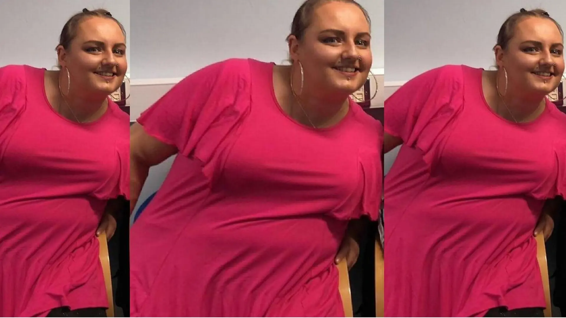 Eine Frau posiert in einem pinken Shirt und ist stark übergewichtig.