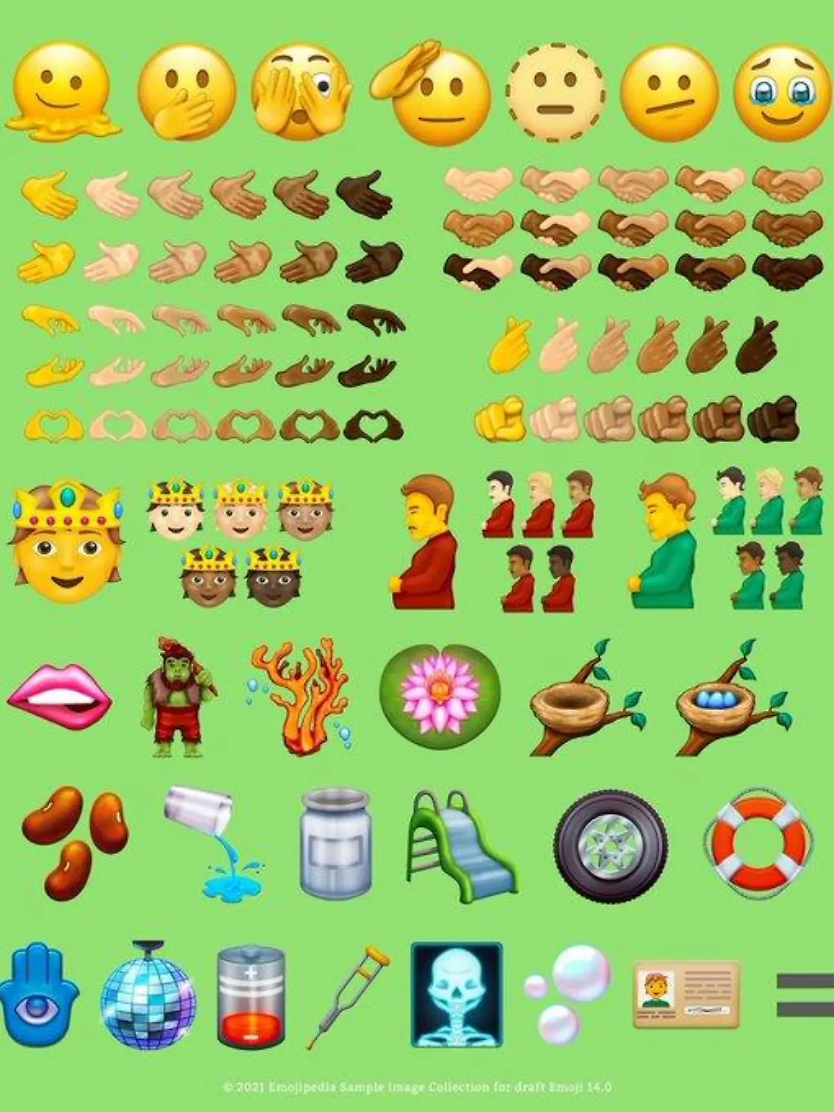Man sieht eine Auswahl verschiedener Emojis, die bald ab September auf dem Handy sein könnten. Unter anderem eine Hand, die ein Herz formt oder ein schwangerer Mann.