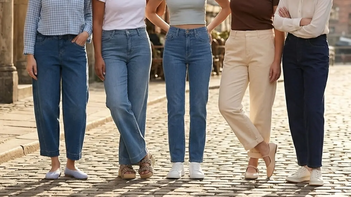Fünf Frauen stehen auf der Straße und tragen Jeans.