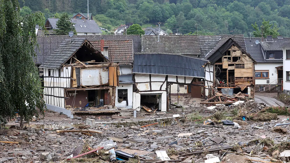 210716 -- AHRWEILER, July 16, 2021 -- Photo taken on July 16, 2021 shows roads and houses damaged in flood disaster in Schuld, a town in Ahrweiler, Germany. The death toll from the flood disaster triggered by heavy rainfall in western and southern Germany has risen to more than 100 as of Friday noon local time, according to police and local authorities. Photo by /Xinhua GERMANY-AHRWEILER-FLOODS JoachimxBywaletz PUBLICATIONxNOTxINxCHN