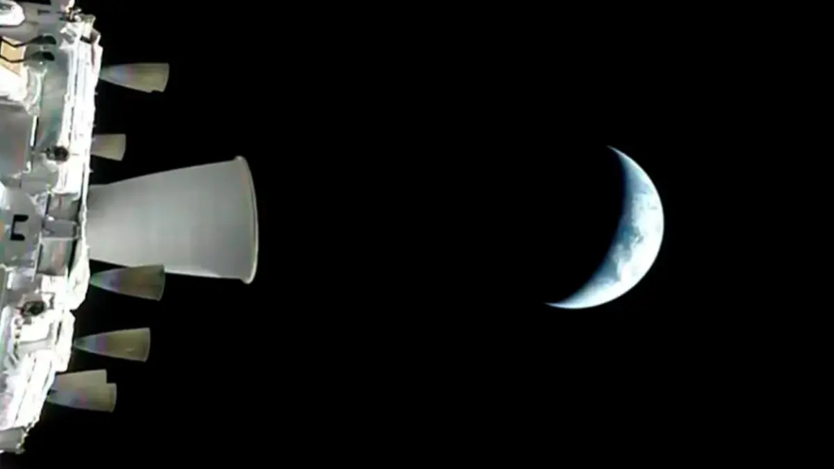 Dieses von der NASA zur Verfügung gestellte Foto zeigt die Erde aus der Perspektive des NASA-Raumschiffs Orion während des Artemis-2-Testflugs, der die Erde umkreist. +++ dpa-Bildfunk +++