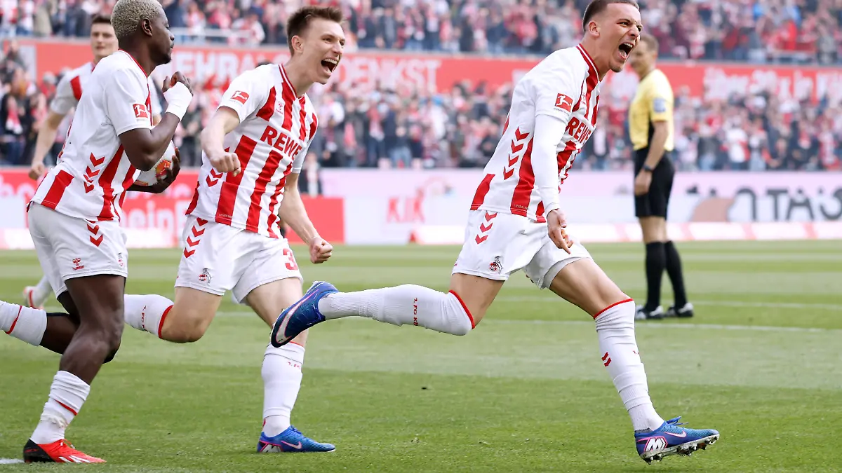 EL MALA Said Team 1.FC Koeln jubelt nach seinem Tor zum 1 : 1 mit ACHE Ragnar und LUND Kristoffer DFL Bundesliga Saison 2025 - 2026 BL Spiel 1.FC Koeln - Borussia Moenchengladbach 3 : 3 am 21. 03. 2026 in Koeln DFL REGULATIONS PROHIBIT ANY USE OF PHOTOGRAPHS as IMAGE SEQUENCES and/or QUASI-VIDEO