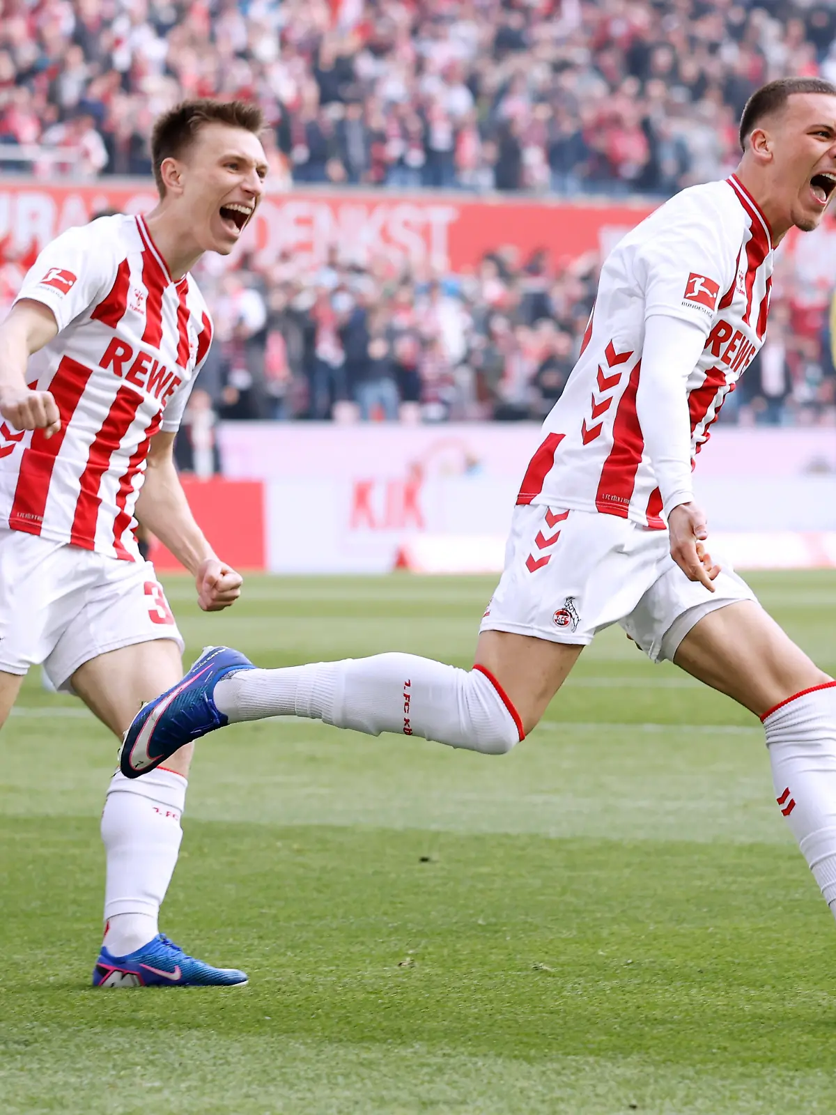 EL MALA Said Team 1.FC Koeln jubelt nach seinem Tor zum 1 : 1 mit ACHE Ragnar und LUND Kristoffer DFL Bundesliga Saison 2025 - 2026 BL Spiel 1.FC Koeln - Borussia Moenchengladbach 3 : 3 am 21. 03. 2026 in Koeln DFL REGULATIONS PROHIBIT ANY USE OF PHOTOGRAPHS as IMAGE SEQUENCES and/or QUASI-VIDEO