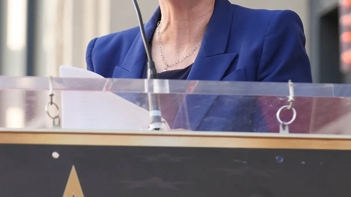 Jamie Lee Curtis speaks during a ceremony honoring James L. Brooks with a star on the Hollywood Walk of Fame on Thursday, Dec. 11, 2025, in Los Angeles. (AP Photo/Chris Pizzello)