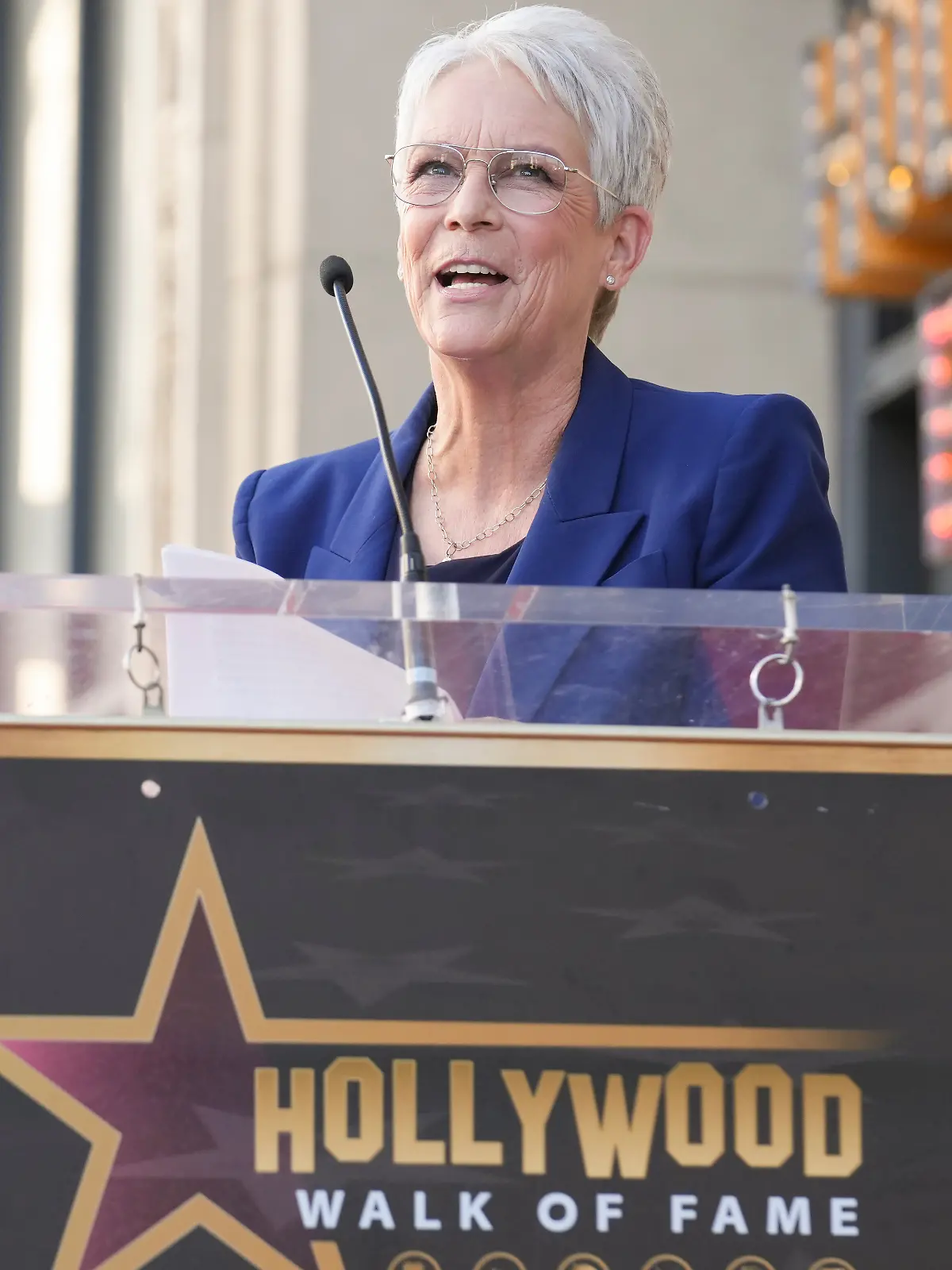 Jamie Lee Curtis speaks during a ceremony honoring James L. Brooks with a star on the Hollywood Walk of Fame on Thursday, Dec. 11, 2025, in Los Angeles. (AP Photo/Chris Pizzello)