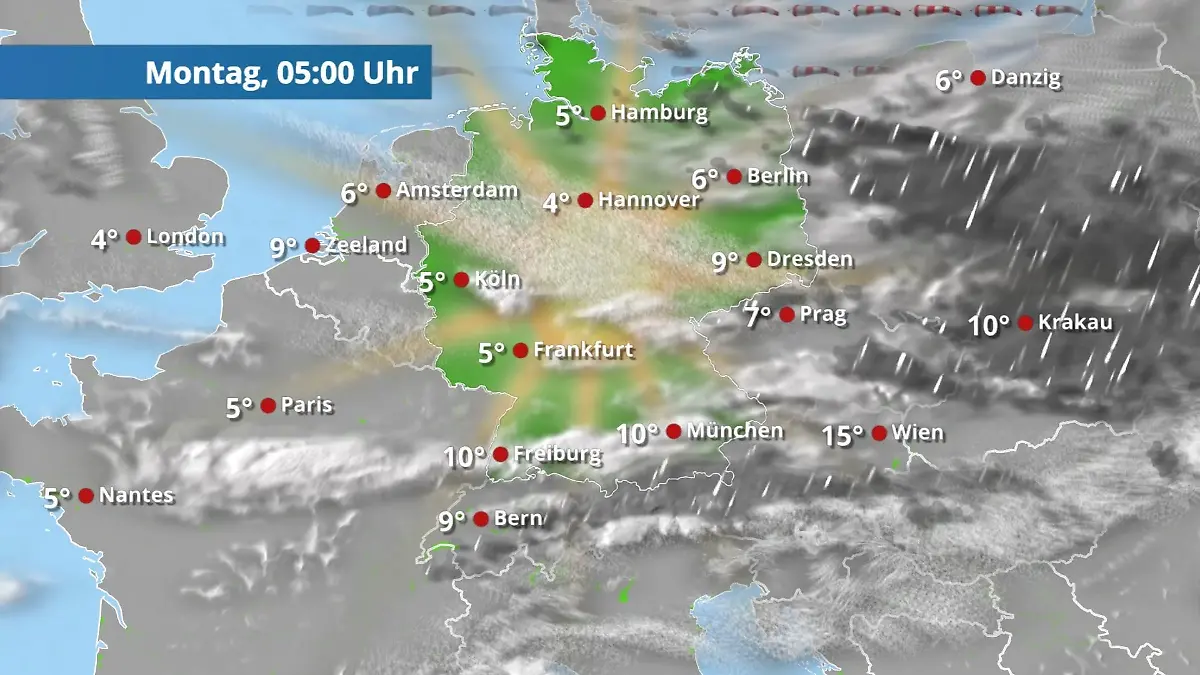 Prognose vom 5. April Der Regen- und Wolkenfilm für 48 Stunden
