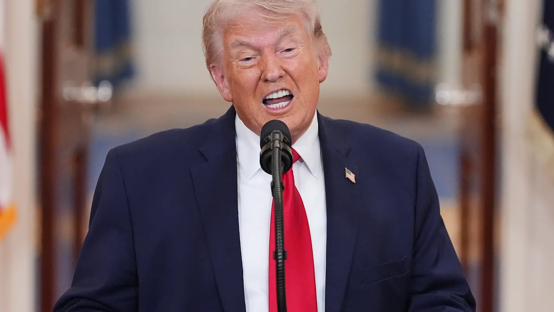 President Donald Trump delivers a prime-time address to the nation from the Cross Hall in the White House in Washington DC on Wednesday, April 1, 2026. President Trump used the address to update the public on the month-long war in Iran. Pool photo by Alex Brandon/UPI Photo via Newscom picture alliance