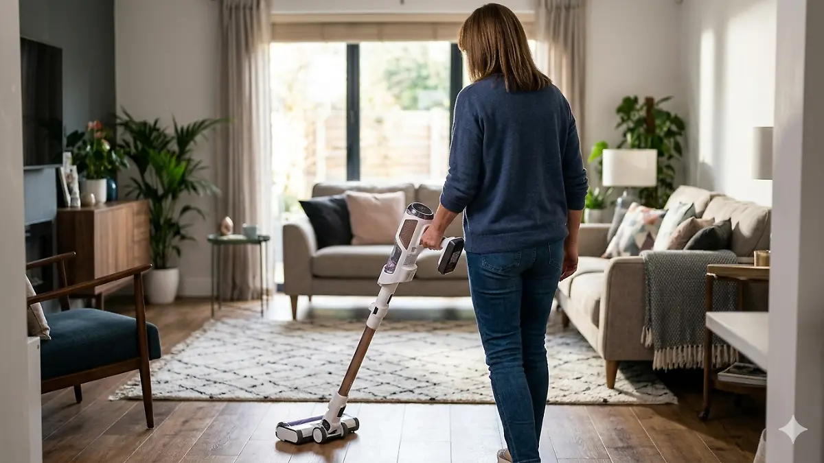 Frau saugt ihren Wohnzimmerboden mit einem Akkusauger von Shark.