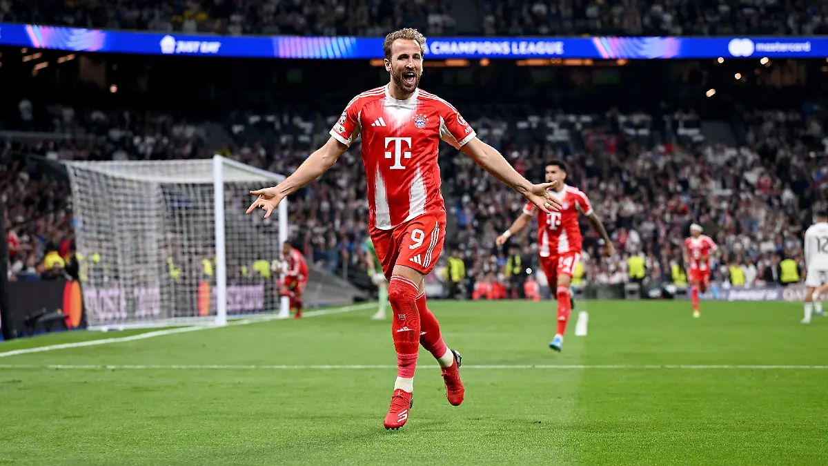 FUSSBALL CHAMPIONS LEAGUE SAISON 2025/2026 Viertelfinal Hinspiel 07.04.2026 Real Madrid - FC Bayern Muenchen Jubel nach dem Tor zum 0 - 2, Torschuetze Harry Kane (FC Bayern Muenchen) FOTO: Pressefoto ULMER / Markus Ulmer xxNOxMODELxRELEASExx