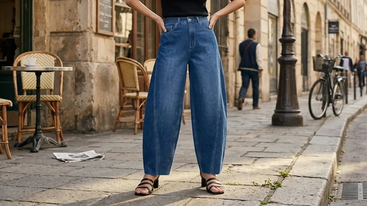 Model trägt eine Balloon-Jeans von Bonprix.