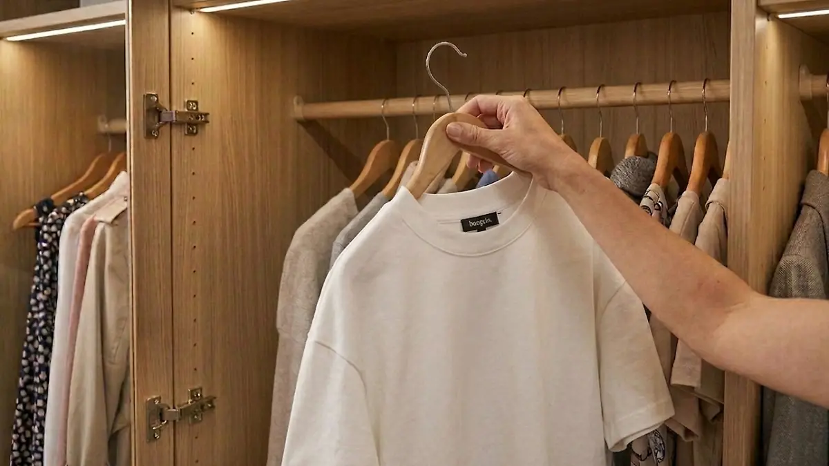 Frau zieht ein Basic-T-Shirt von Bonprix aus dem Schrank.