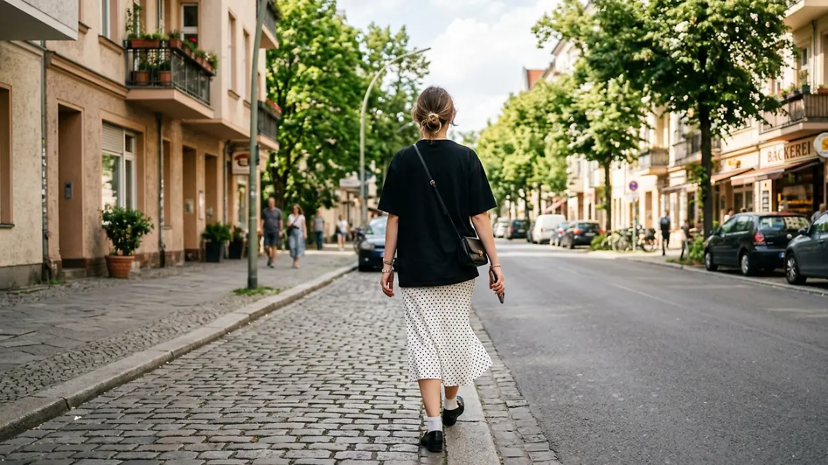 Frau in Punktemuster-Rock und schwarzem T-Shirt läuft auf einer Straße.