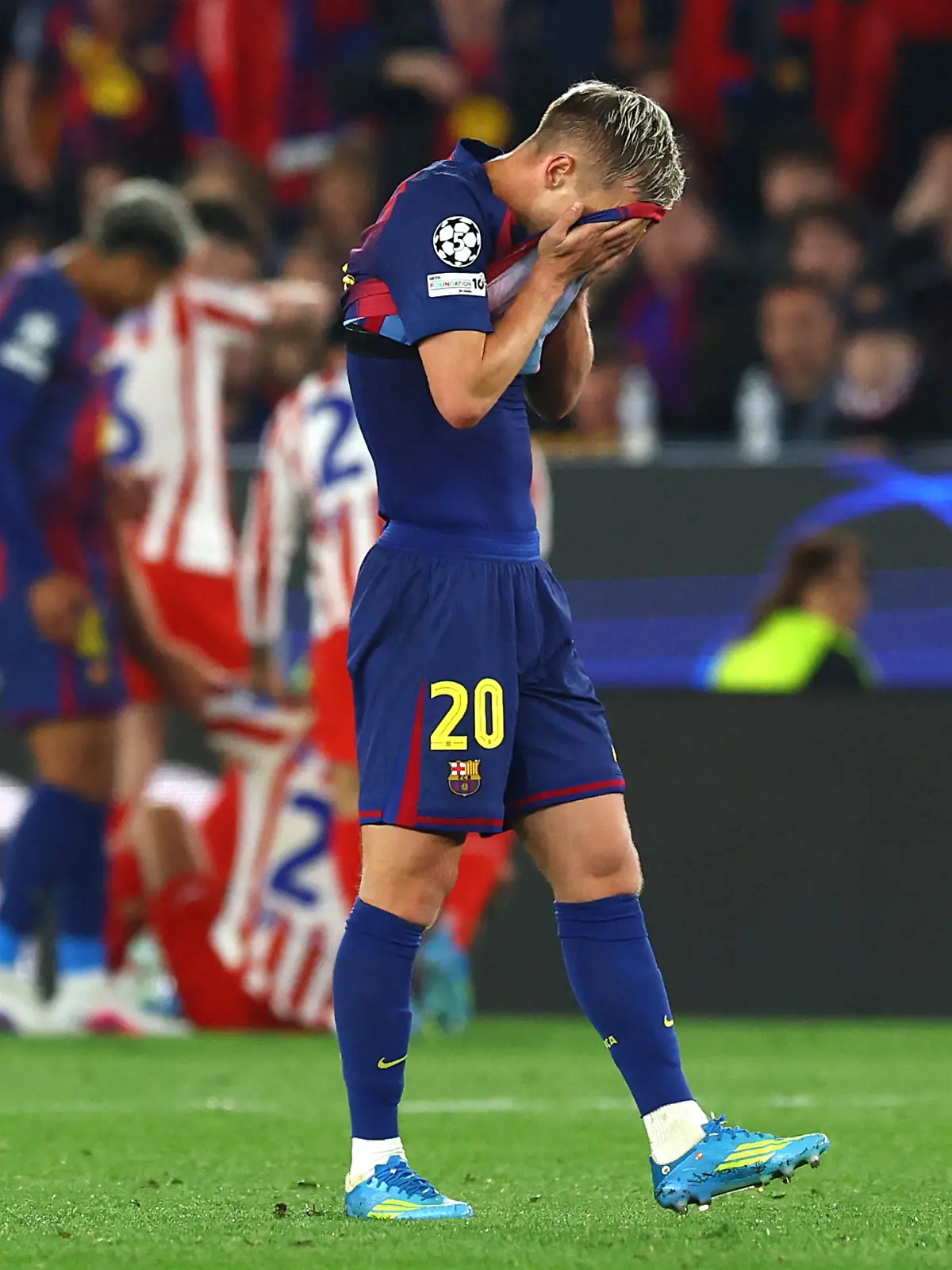 Soccer Football - UEFA Champions League - Quarter Final - First Leg - FC Barcelona v Atletico Madrid - Spotify Camp Nou, Barcelona, Spain - April 8, 2026 FC Barcelona's Dani Olmo reacts REUTERS/Albert Gea