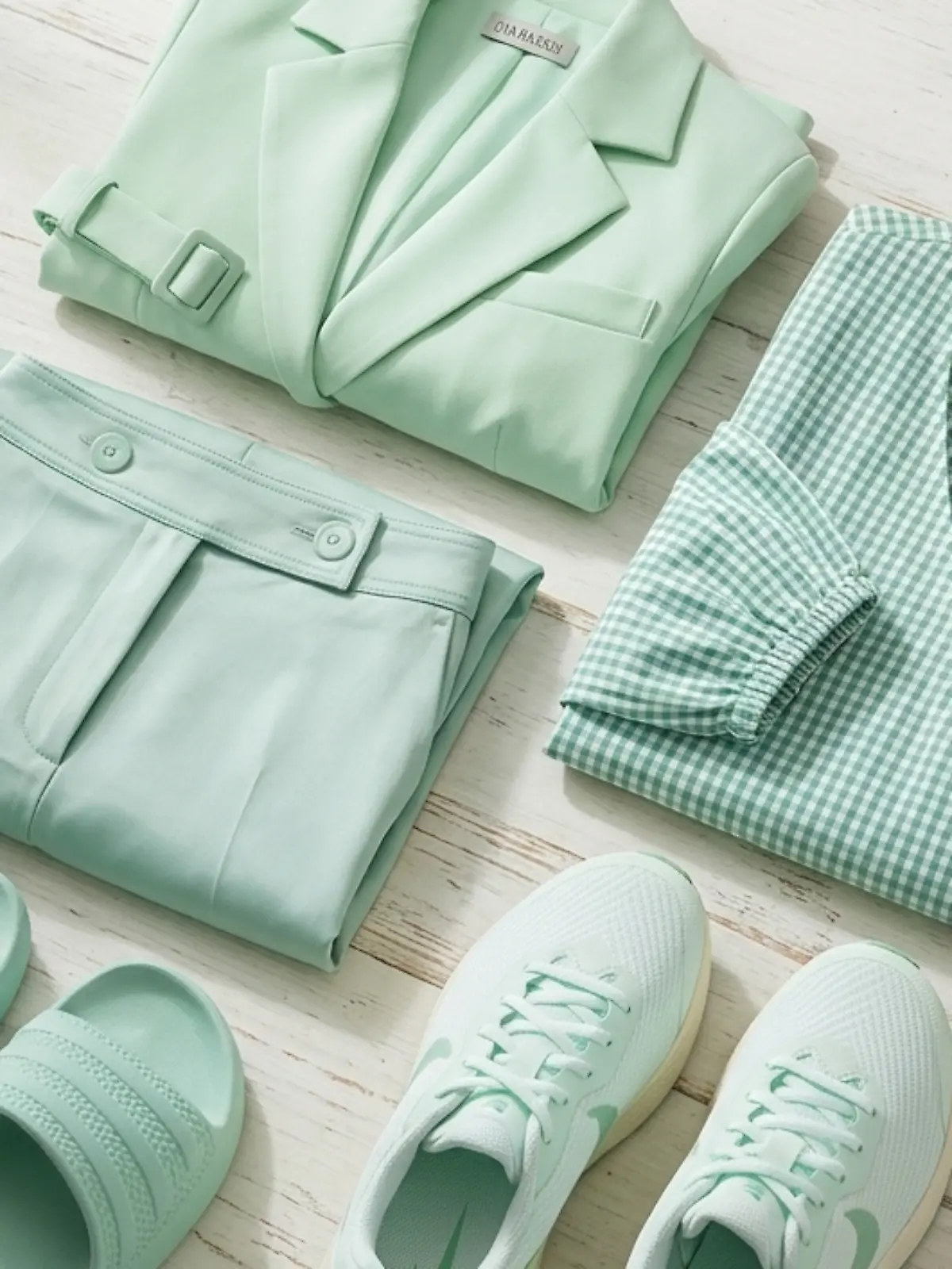 Kleidung und Schuhe in Minttönen ist auf einem Tisch angeordnet.