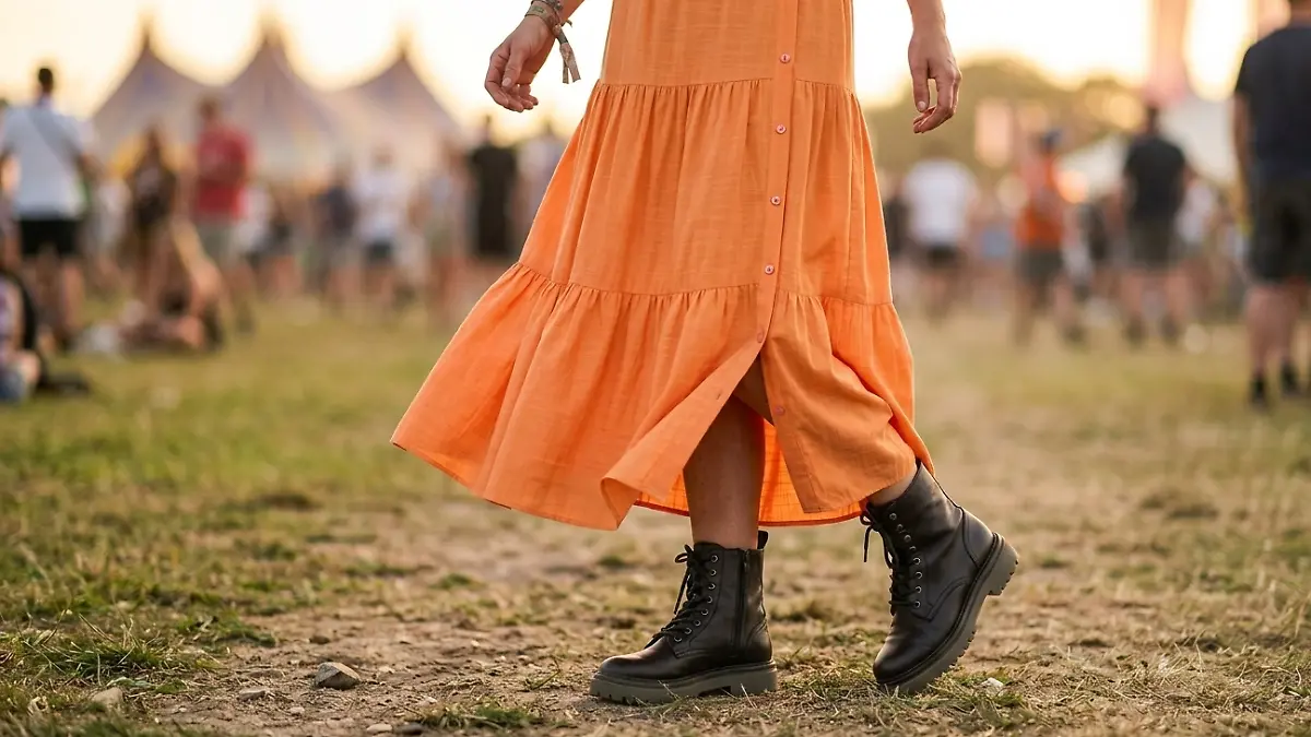 Frau trägt einen orangefarbenen Maxi-Rock auf einem Festival.