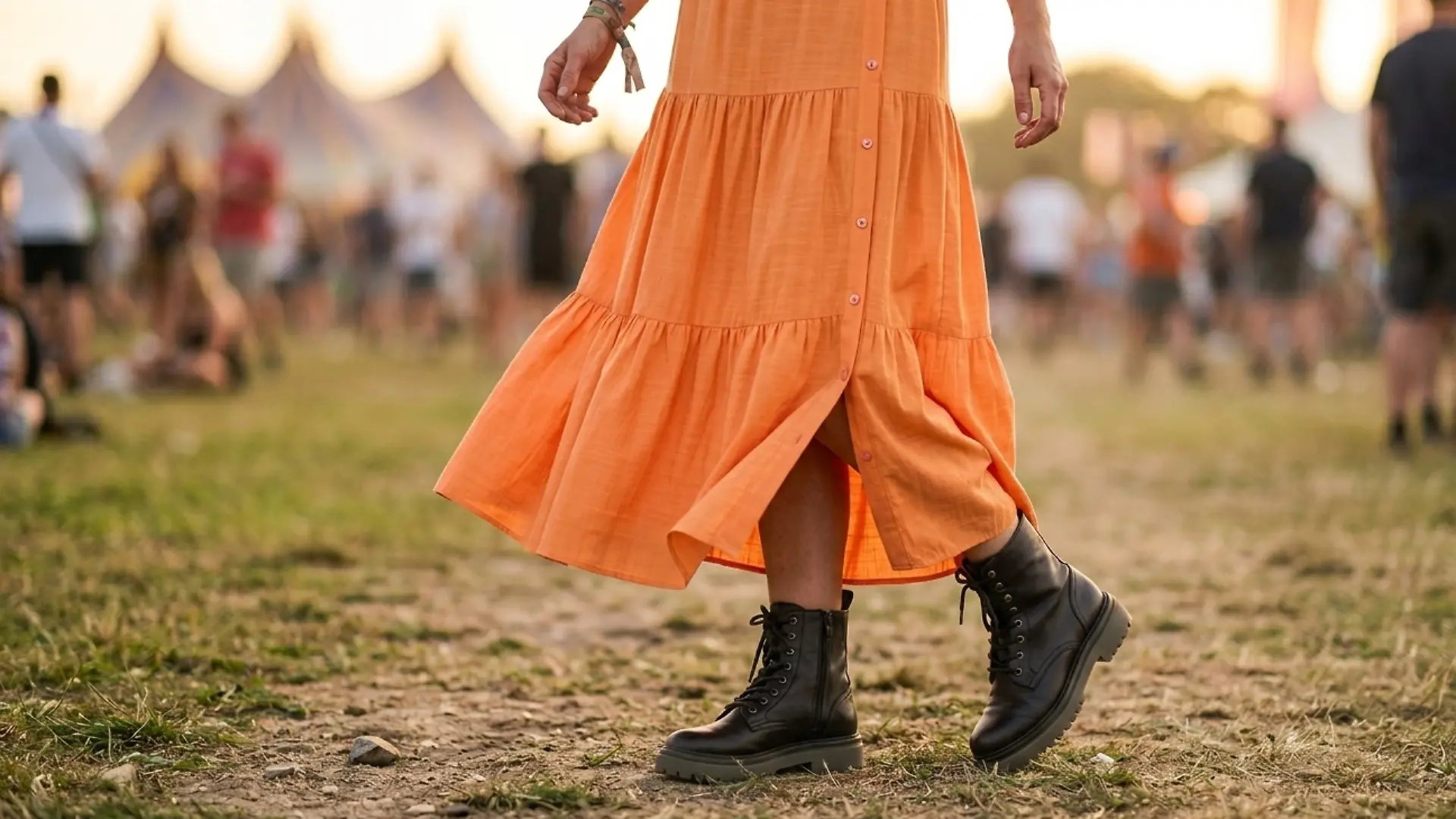 Frau trägt einen orangefarbenen Maxi-Rock auf einem Festival.