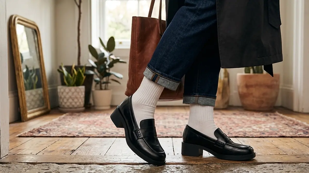 Frau trägt Loafer von Bonprix.