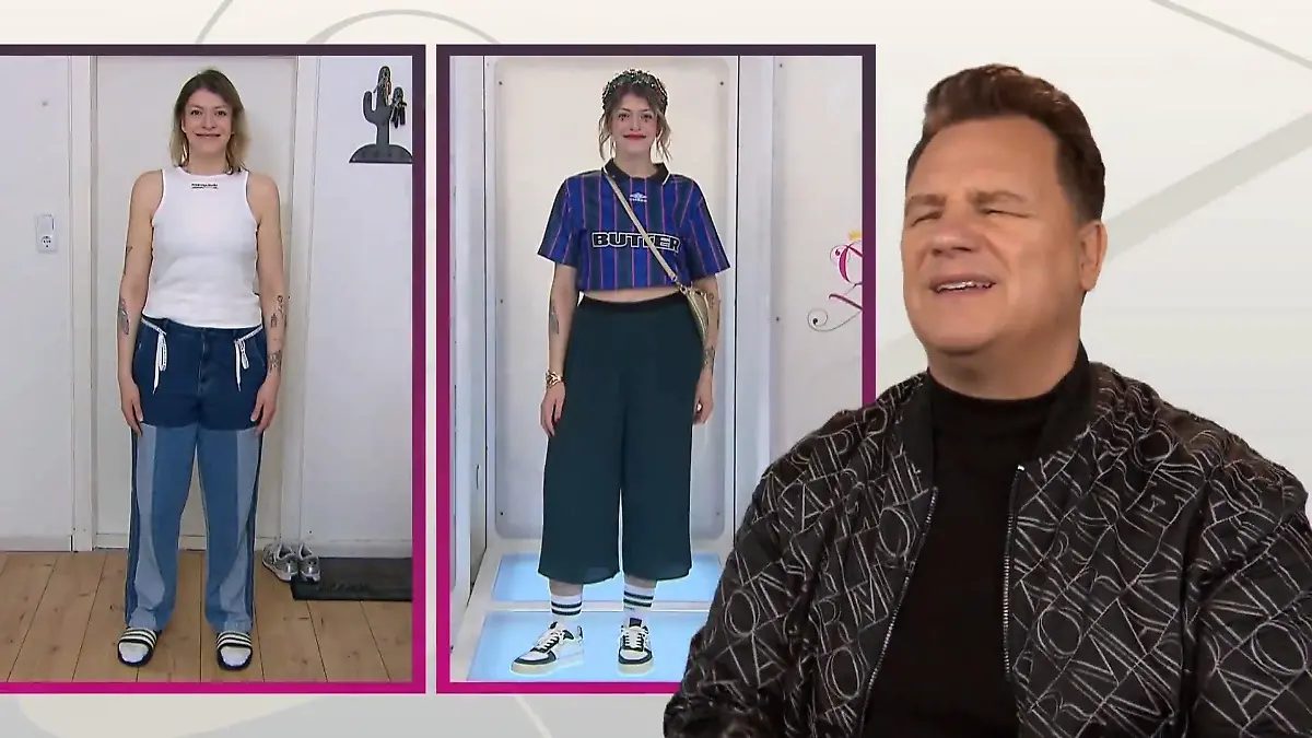 Vanessa links im legeren Alltagslook, rechts in ihrem Laufsteg-Look mit Trikot, Haarreif und Culotte