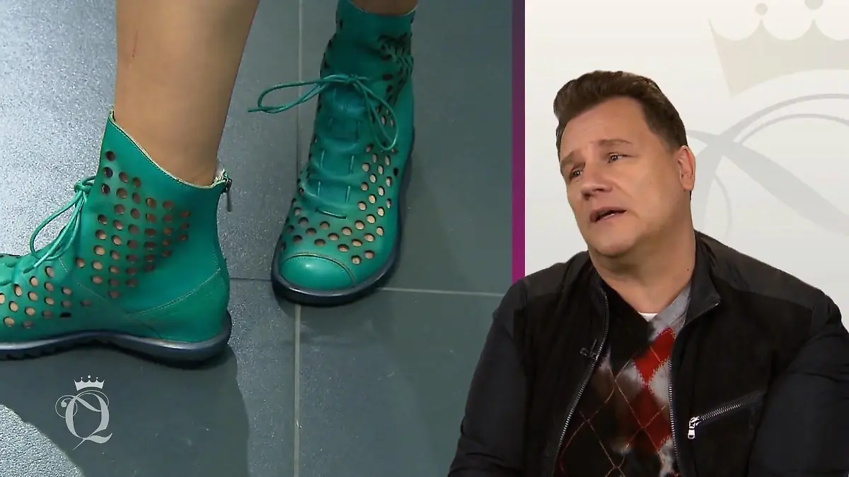 Links die grünen, durchlöcherten Schnürstiefeletten, rechts ein resignierender Guido