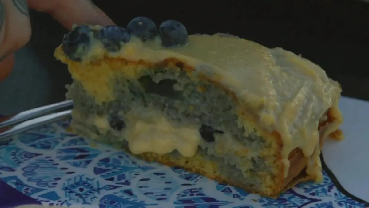 Ein Stück Kuchen mit Blaubeer-Verzierung und cremiger Füllung