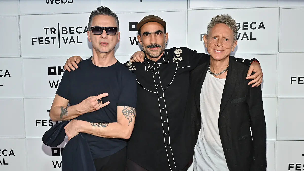 Dave Gahan, left, Fernando Frias and Martin Gore attend the "Depeche Mode: M" premiere at BMCC Tribeca Performing Arts Center during the Tribeca Festival on Thursday, June 5, 2025, in New York. (Photo by Evan Agostini/Invision/AP)