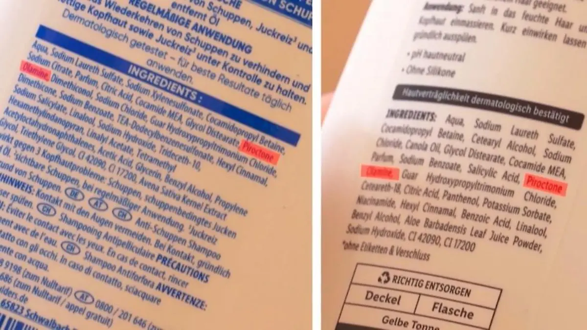 Liste der Inhaltsstoffe von zwei Anti-Schuppen-Shampoos, eines von Cien und eines von Head & Shoulders