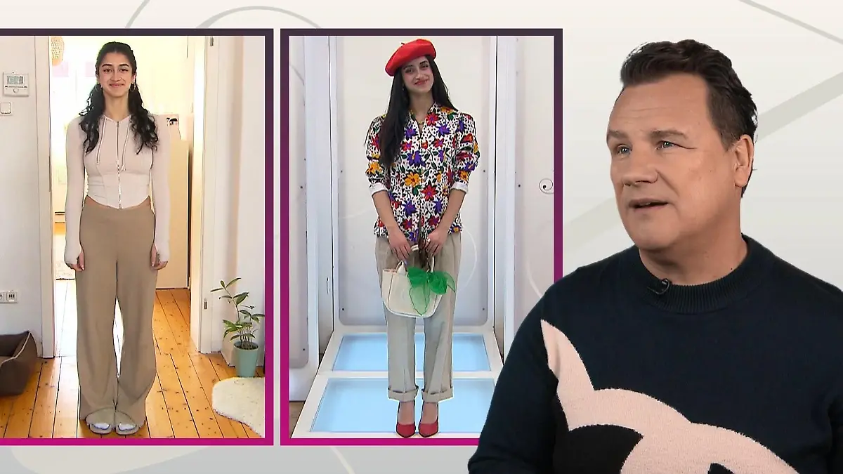 Shopping Queen: Vorher-Nachher-Bild der Kandidatin Jülide, daneben eingeblendet Guido Maria Kretschmer
