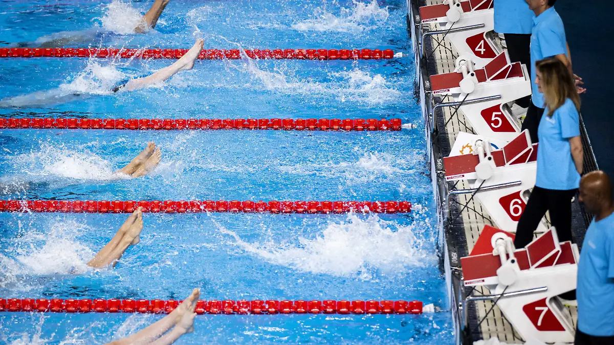 2024-02-17 10:06:24 DOHA Schwimmer im 50er-Rücken der Männer am siebten Tag der Weltmeisterschaft im Langbahnschwimmen in Aktion. Die Weltmeisterschaften waren eine der Gelegenheiten für niederländische Schwimmer, ihre Grenzen für die Pariser Spiele im Jahr 2024 zu erreichen. ANP KOEN VAN WEEL