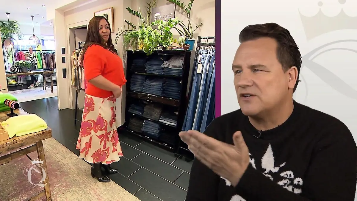 Shopping Queen: Bildmontage: Links eine junge Frau im orangefarbenen Oberteil und langen bedruckten Rock bei der Anprobe, rechts Guido Maria Kretschmer, der den Look kommentiert