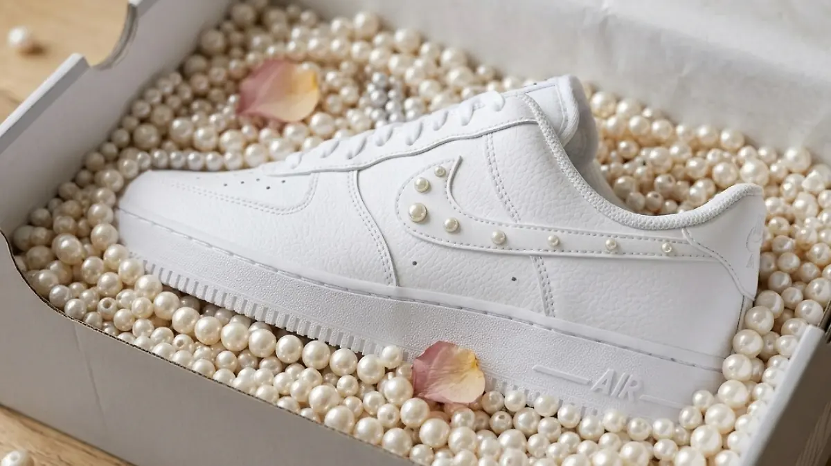 Der Nike Air Force 1 ‘07 liegt in einem Schuhkarton voll Perlen.
