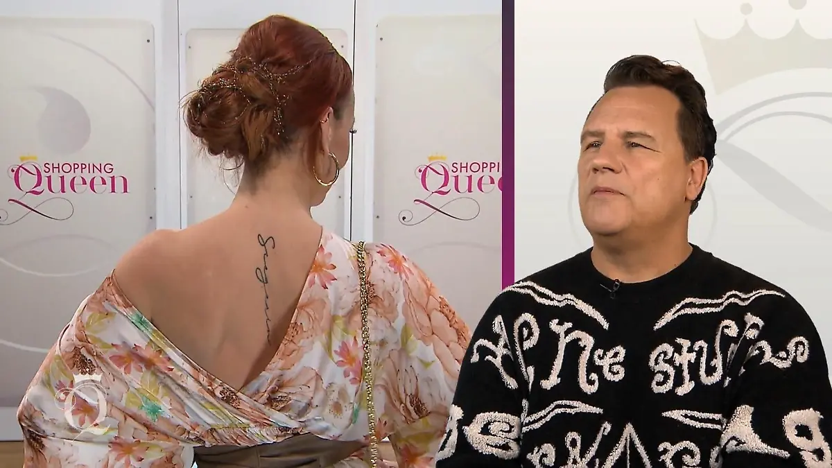 Shopping Queen: Bildmontage - links Kandidatin Viktoria mit Rückentattoo von hinten auf dem Catwalk, rechts Guido Maria Kretschmer