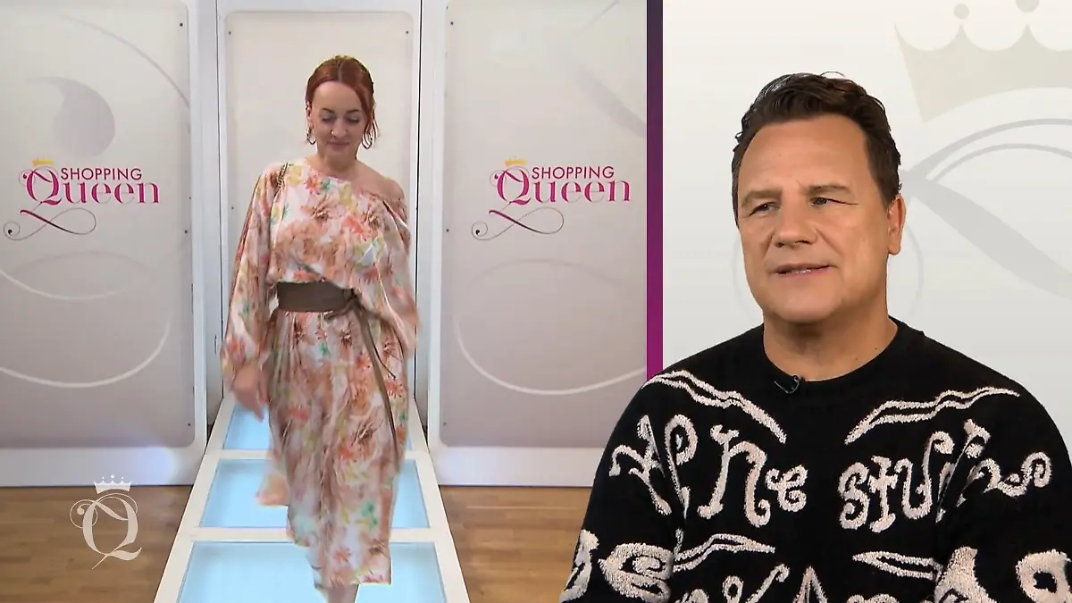 Shopping Queen: Bildmontage: Links Kandidatin Viktoria im Blumenkleid auf dem Catwalk, recht Guido Maria Kretschmer