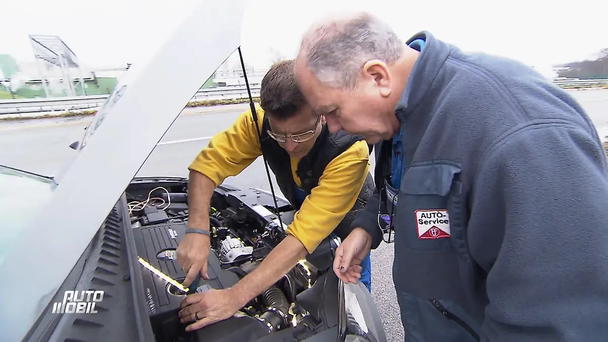 Die Autodocs untersuchen den Motorraum.