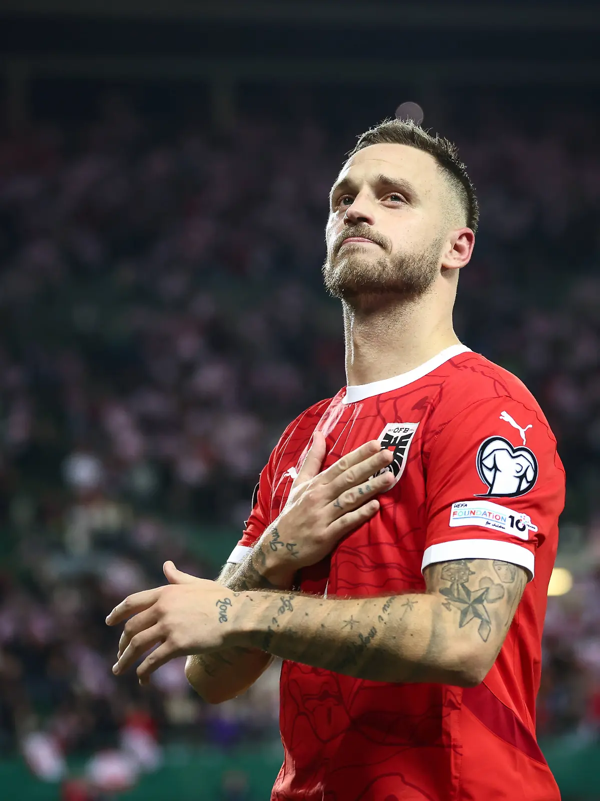 SOCCER - FIFA WC quali, AUT vs SMR VIENNA,AUSTRIA,09.OCT.25 - SOCCER - FIFA World Cup, WM, Weltmeisterschaft, Fussball 2026, European Qualifiers, group stage, OEFB international match, Länderspiel, Nationalmannschaft Austria vs San Marino. Image shows the rejoicing of Marko Arnautovic AUT. PUBLICATIONxNOTxINxAUTxSUIxSWE GEPAxpictures/xArminxRauthner