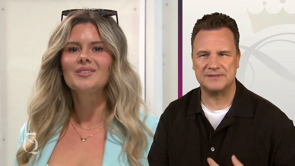 Shopping Queen: Bildmontage: Links junge Frau mit langen blonden Haaren, Sonnenbrille im Haar und mintfarbenem Blazer in Nahaufnahme, rechts Guido Maria Kretschmer