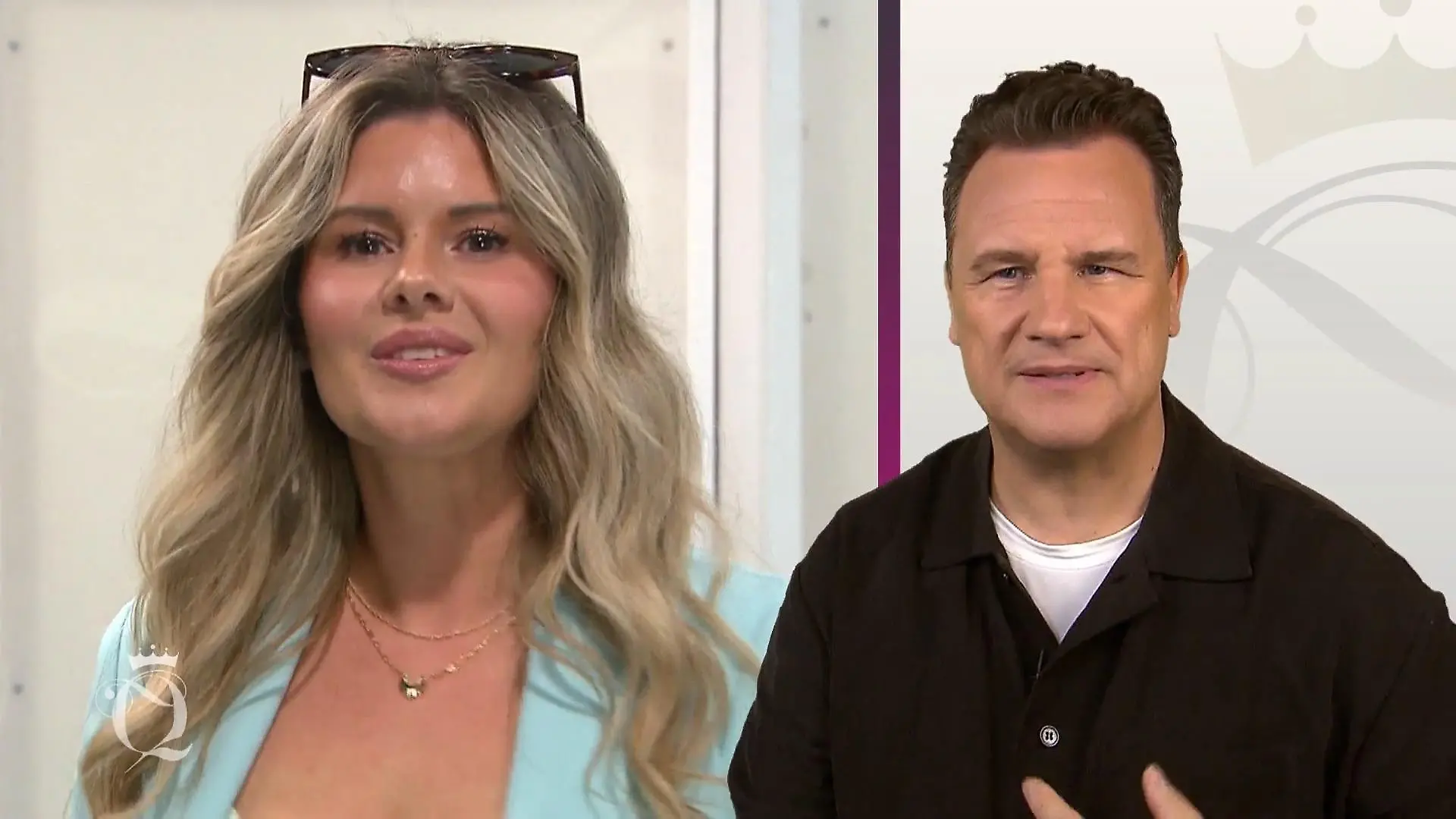 Shopping Queen: Bildmontage: Links junge Frau mit langen blonden Haaren, Sonnenbrille im Haar und mintfarbenem Blazer in Nahaufnahme, rechts Guido Maria Kretschmer