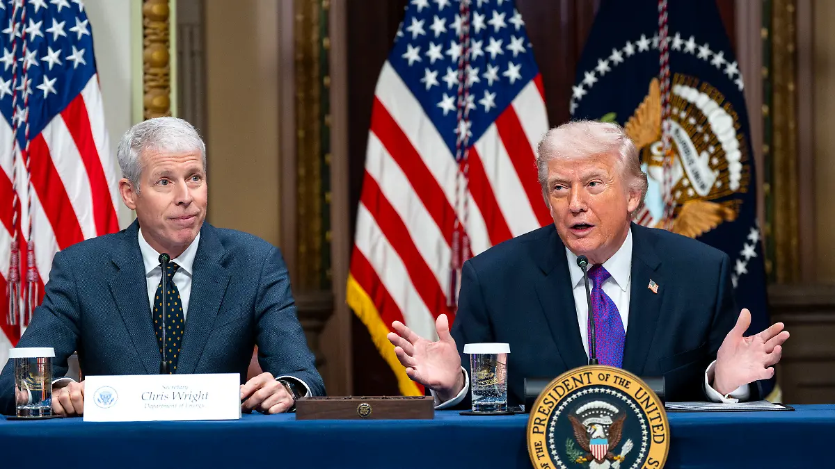 President Donald Trump speaks alongside Secretary of Energy Chris Wright during a roundtable on the Ratepayer Protection Pledge in the Indian Treaty Room in the Eisenhower Executive Office Building near the White House in Washington, DC on Wednesday, March 4, 2026. Technology firms that sign the pledge will commit to ensuring artificial intelligence infrastructure does not raise utility bills for households and small businesses. Photo by Bonnie Cash/UPI Photo via Newscom picture alliance