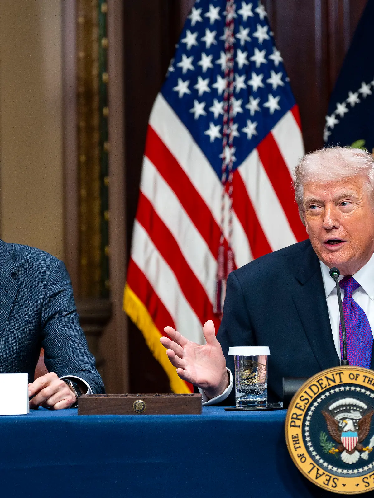 President Donald Trump speaks alongside Secretary of Energy Chris Wright during a roundtable on the Ratepayer Protection Pledge in the Indian Treaty Room in the Eisenhower Executive Office Building near the White House in Washington, DC on Wednesday, March 4, 2026. Technology firms that sign the pledge will commit to ensuring artificial intelligence infrastructure does not raise utility bills for households and small businesses. Photo by Bonnie Cash/UPI Photo via Newscom picture alliance
