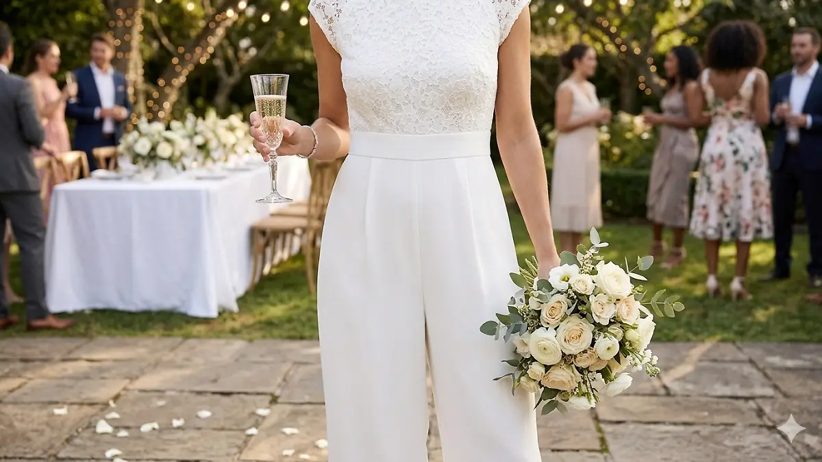Eine Braut trägt einen Jumpsuit zur Hochzeit und hält einen Blumenstrauß und ein Glas Sekt. 
