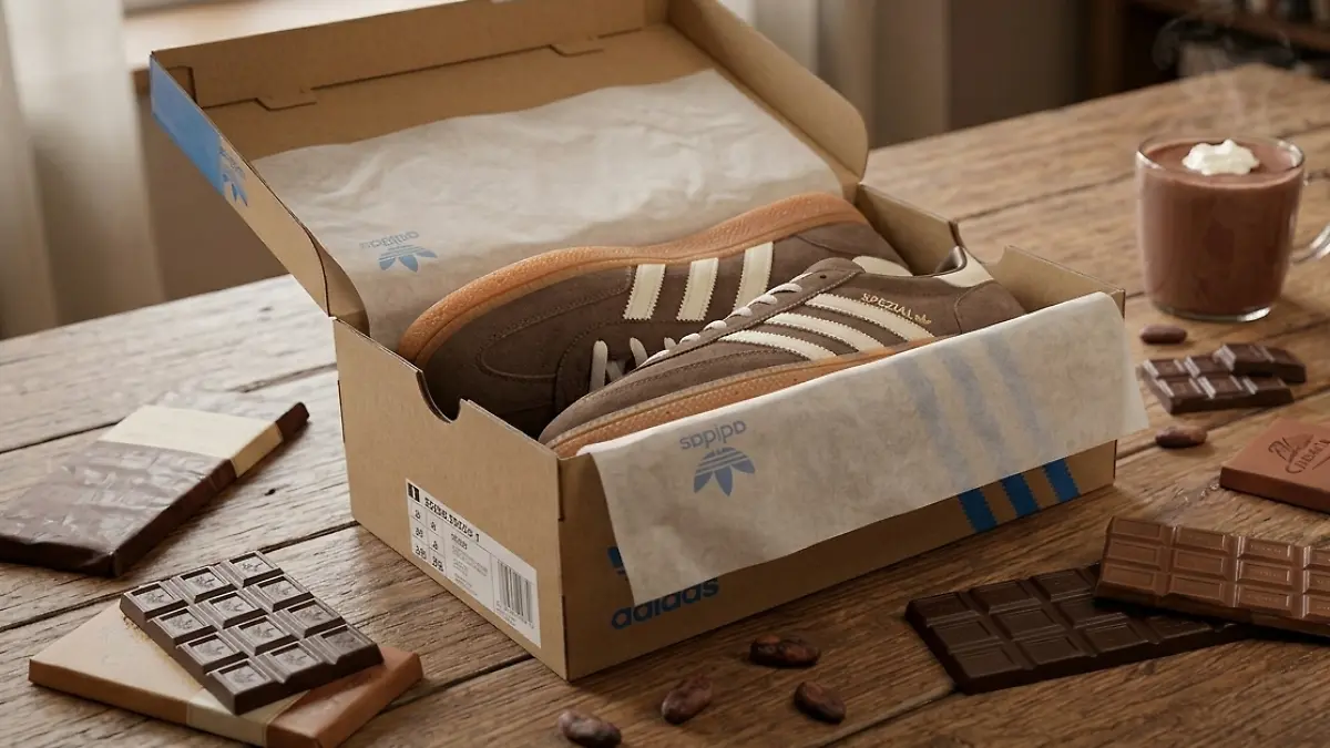 Adidas Handball Spezial Sneaker liegen in einem Schuhkarton auf einem Tisch zusammen mit Schokolade, Kakao und Kakaobohnen.